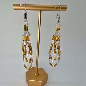 Handmade Gold & White Beaded Dangle Earrings Pierced Ears
